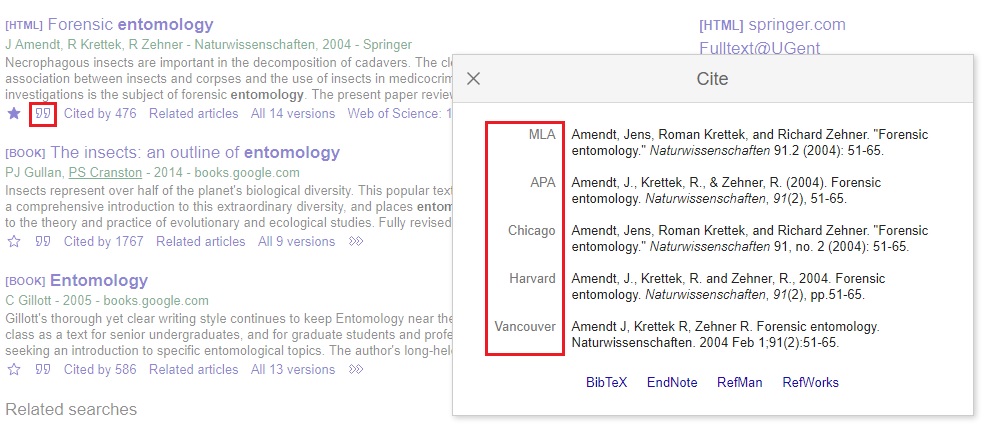 screenshot of search results in Google Scholar