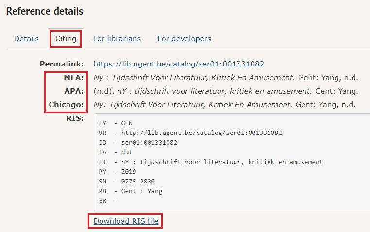 screenshot o reference details in the library catalogue
