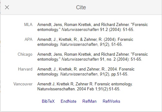 screenshot of citation options in Google Scholar