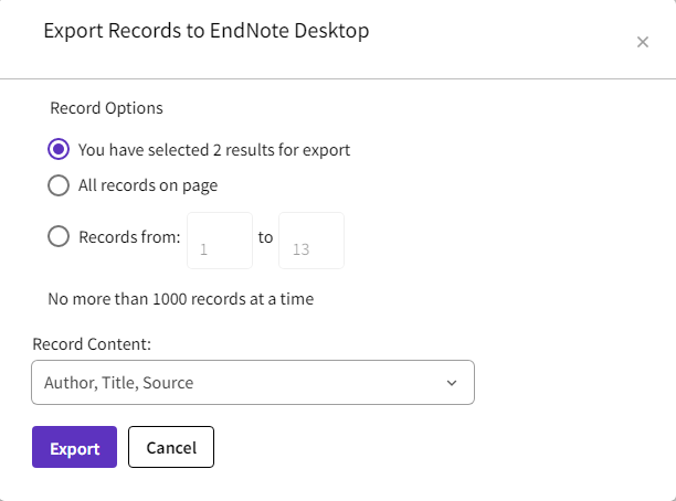 screenshot of WoS - saving references to EndNote